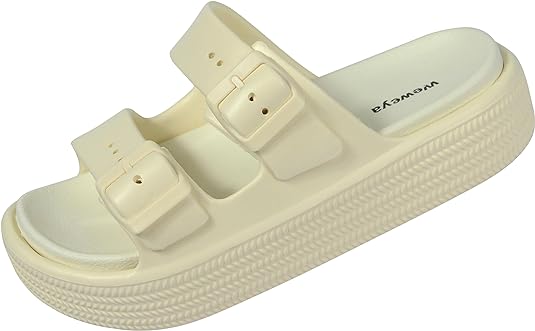 Weweya Platform Sandals for Women - Double Layer Slip On Sandals - Adjustable Buckle Casual Sandals
